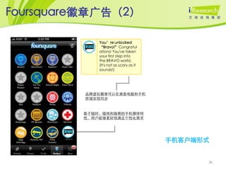 Foursquare徽章广告（2）

                   You’re unlocked
                   ‚Bravo!‛Congratul
                   ations! You've taken
                   your first step into
                   the BRAVO world.
                   (It's not as scary as it
                   sounds!)




               品牌虚拟徽章可以在桌面电脑和手机
               终端实现同步


               基于随时、随地和随需的手机媒体特
               性，用户能够更好地满足个性化需求




       Bravo
                                              手机客户端形式


                                                    30
 