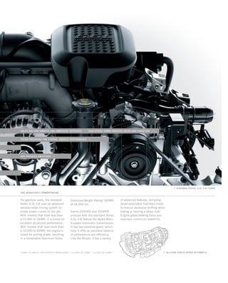 helps deliver smooth and immediate response  High-Speed Turbo reduces noise and vibration  
	 and reduced emissions 
	 firing pressure for strong, smooth performance 
the heavy-duty powertrains
For gasoline users, the standard
Vortec 6.0L V-8 uses an advanced
variable-valve-timing system to
shape power curves to the job.
With models that have less than
a 10,000-lb GVWR,1
it is tuned for
excellent all-around performance.
With models that have more than
a 10,000-lb GVWR,1
the engine is
tuned for pulling power, resulting
in a remarkable maximum Gross
Combined Weight Rating3
(GCWR)
of 18,500 lbs.
Sierra 2500HD and 3500HD
pickups with the standard Vortec
6.0L V-8 feature the Hydra-Matic
6-speed automatic transmission.
It has two overdrive gears, which
help it offer an excellent balance
of performance and efficiency.
Like the Allison, it has a variety
g duramax diesel 6.6L V-8 turbo
of advanced features, including
driver-selectable Tow/Haul mode
to reduce excessive shifting when
towing or hauling a heavy load.
Engine grade braking helps you
maintain control on downhills.
Tuned to match anticipated workloads ( 10,000-lb gvwr,1
10,000-lb gvwr1
) g allison 1000 6-speed automatic
134507_11g_3.indd 1 8/26/09 10:18:31 AM
 