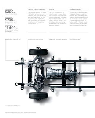 A robust recirculating-ball steer-
ing system features a cast-iron
housing. With precise engineer-
ing, the system provides you with
an enhanced on-center feel and
a greater feeling of control. To
accommodate the greater loads,
Sierra HD models are equipped
with disc brakes front and rear.
The front frame section is
hydroformed to increase struc-
tural rigidity by producing more
consistent steel-wall thickness.
The mid-frame section uses a
lipped C-section, which is roll-
formed and draw-bent during
the manufacturing process for
maximum strength.
The renowned ability of the Sierra
HD models to combine sheer
capability with poise on the road,
and admirable comfort for their
occupants, rests on a frame
that incorporates the full range
of contemporary heavy-duty
chassis design.
STEERING and brakesTHe FrameSTRENGTH TO RESIST COMPROMISE
A-ARM FRONT SUSPENSION MEMBERS FRONT TORSION BARSRECIRCULATING-BALL STEERING
12 _ Heavy-Duty Capability
1
When properly equipped; includes weight of vehicle, passengers, cargo and equipment.
9200LBS1
9700LBS1
2500HD GVWR
REGULAR CAB LONG BOX
11,400LBS1
3500HD GVWR
3500HD GVWR
REGULAR CAB with
single rear wheels
REGULAR CAB with dual
rear wheels
MASSIVE FRONT STABILIZER BAR
134507_12h_3.indd 1 8/17/09 11:32:12 AM
 