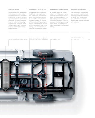 HARD TONNEAU COVER 3HB;
SOFT COVER 3HA		  300-Volt nickel-metal hydride battery 3.08 REAR AXLE RATIO
Boxed frame for torsional rigidity:
key asset of all Sierra 1500 models
engineered for traileringstop-to-go driving HYBRID MODE 1: KEY TO THE CITy HYBRID MODE 2: HIGHWAY / HAULING
The Sierra Hybrid automatically
and seamlessly selects the best
operating point for the powertrain
to deliver both fuel economy
and performance while also
reducing gear “hunting”associated
with trailering.
During normal stops, regenerative
braking uses the motors in the
hybrid transmission as generators
to decelerate the vehicle by apply-
ing resistance in the motors rather
than brake friction. At the same
time, the motors are capturing
that energy as electricity in the
300-volt battery pack, electricity
that is available for the next ac-
celeration cycle.
At low speed and with a light
load, Mode 1 can employ elec-
tric power alone, engine power
alone or a combination of both.
It reduces fuel consumption in
stop-and-go traffic by shutting
off the engine and operating on
electric power alone.The result is
an EPA-estimated 21 mpg in city
driving, a 40-percent improve-
ment over the traditional engine.3
At highway speeds, AFM uses
either V-4 or V-8 operation—some-
times with supplemental electric
power as conditions warrant. Full
V-8 engine power is used when
conditions demand it— such as
passing, trailer towing or climbing
steep grades. On the highway,
Sierra Hybrid has an EPA-estimated
22 mpg.
134507_03c_2.indd 1 8/3/09 7:29:45 PM
 