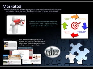 Marketed:
Proven track record marketing organizations via both traditional and non
  traditional media avenues for both internal & external stakeholders…




                                I believe in personal marketing where
                                you spend the time & effort to actually
                                   reach out and touch someone….




                  Work with multiple organizations to
                  develop and maintain their online and
                  social media presence along with their
                  traditional marketing methods
 