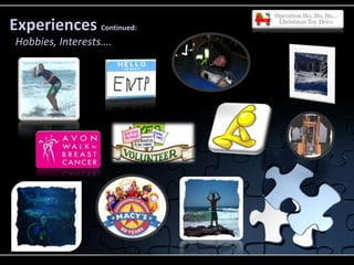Experiences Continued:
 Hobbies, Interests….
 