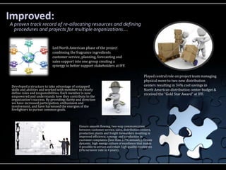 Improved:
A proven track record of re-allocating resources and defining
  procedures and projects for multiple organizations….


                             Led North American phase of the project
                             combining the fragrance ingredients
                             customer service, planning, forecasting and
                             sales support into one group creating a
                             synergy to better support stakeholders at IFF.

                                                                                                Played central role on project team managing
                                                                                                physical move to two new distribution
 Developed a structure to take advantage of untapped                                            centers resulting in 34% cost savings in
 skills and abilities and worked with members to clearly                                        North American distribution center budget &
 define roles and responsibilities. Each member is now                                          received the “Gold Star Award” at IFF.
 empowered and understands how they contribute to the
 organization’s success. By providing clarity and direction
 we have increased participation, enthusiasm and
 involvement, and have harnessed the energies of the
 firefighters to pursue common goals.



                                               Ensure smooth flowing, two-way communication
                                               between customer service, sales, distribution centers,
                                               production plants and freight forwarders resulting in
                                               improved efficiency, synergy and a reduction in
                                               customer complaints (less than 2.7% annually). Create
                                               dynamic, high energy culture of excellence that makes
                                               it possible to attract and retain high quality employees
                                               (0% turnover rate in 4 years).
 