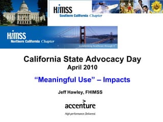 California State Advocacy Day
           April 2010
                 s
  “Meaningful Use” – Impacts
        Jeff Hawley, FHIMSS
 