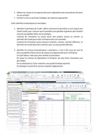 69
 Déduire les risques et les opportunités que la dégradation des écosystèmes fait peser
sur ses activités.
 Faciliter la mise au point des stratégies, des réponses appropriées.
Cette méthode se décompose en cinq étapes :
1. Délimiter le périmètre de l’audit : définir clairement le périmètre au sein duquel sera
réalisé l'audit, pour s'assurer que la procédure sera gérable et génèrera des résultats
concrets susceptibles d'être mis en pratique.
L'activité de l'entreprise ne couvre qu'un seul produit, service ou marché. Le
périmètre de l'audit pourra être l'entreprise dans son ensemble.
L'activité de l'entreprise couvre plusieurs produits, services, marchés différents. Le
périmètre de l'audit devra être restreint, pour une plus grande efficacité.
2. Identifier les services écosystémiques « prioritaires », c'est à dire ceux qui sont les
plus susceptibles d'être sources de risques ou d'opportunités pour l'entreprise.
Un outil tableur a été conçu pour faciliter la priorisation.
On classe les services de dépendance et d'impact, des plus fortes interactions aux
plus faibles.
On en sélectionne 5-7 pour maintenir une qualité d'analyse optimale.
On distingue en priorité les services impactés négativement.
 