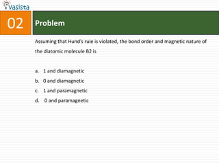 Problem02Assuming that Hund’s rule is violated, the bond order and magnetic nature of the diatomic molecule B2 is1 and diamagnetic 0 and diamagnetic1 and paramagnetic  0 and paramagnetic