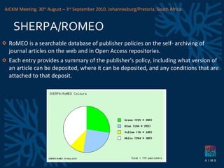 SHERPA/ROMEO RoMEO is a searchable database of publisher policies on the self- archiving of journal articles on the web and in Open Access repositories. Each entry provides a summary of the publisher's policy, including what version of an article can be deposited, where it can be deposited, and any conditions that are attached to that deposit. AICKM Meeting. 30 th  August – 3 rd  September 2010. Johannesburg/Pretoria, South Africa 