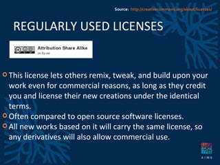 REGULARLY USED LICENSES This license lets others remix, tweak, and build upon your work even for commercial reasons, as long as they credit you and license their new creations under the identical terms.  Often compared to open source software licenses.  All new works based on it will carry the same license, so any derivatives will also allow commercial use. Source:  http://creativecommons.org/about/licenses/ 