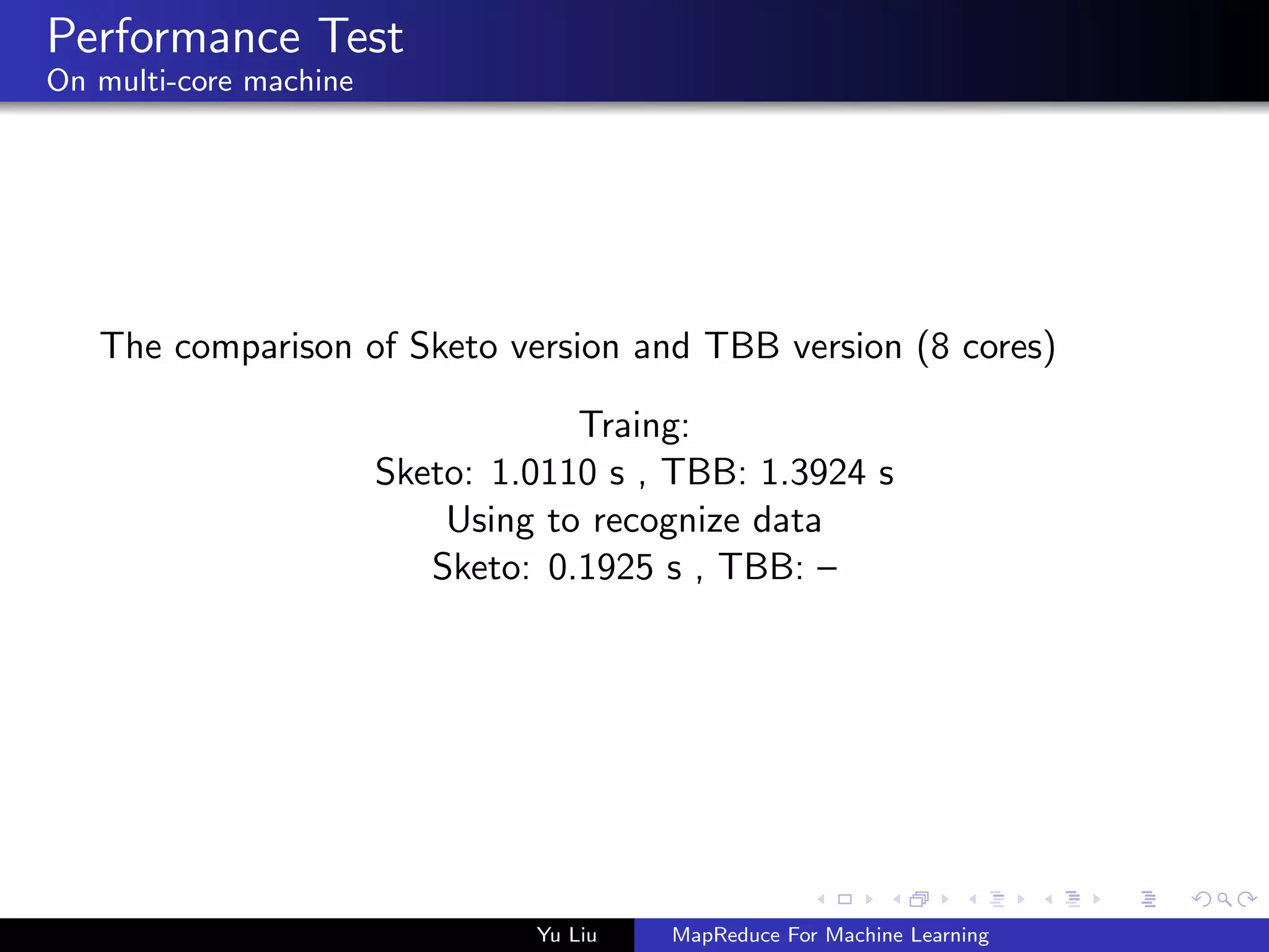 Performance Test
On multi-core machine
The comparison of Sketo version and TBB version (8 cores)
Traing:
Sketo: 1.0110 s , TBB: 1.3924 s
Using to recognize data
Sketo: 0.1925 s , TBB: –
Yu Liu MapReduce For Machine Learning
 