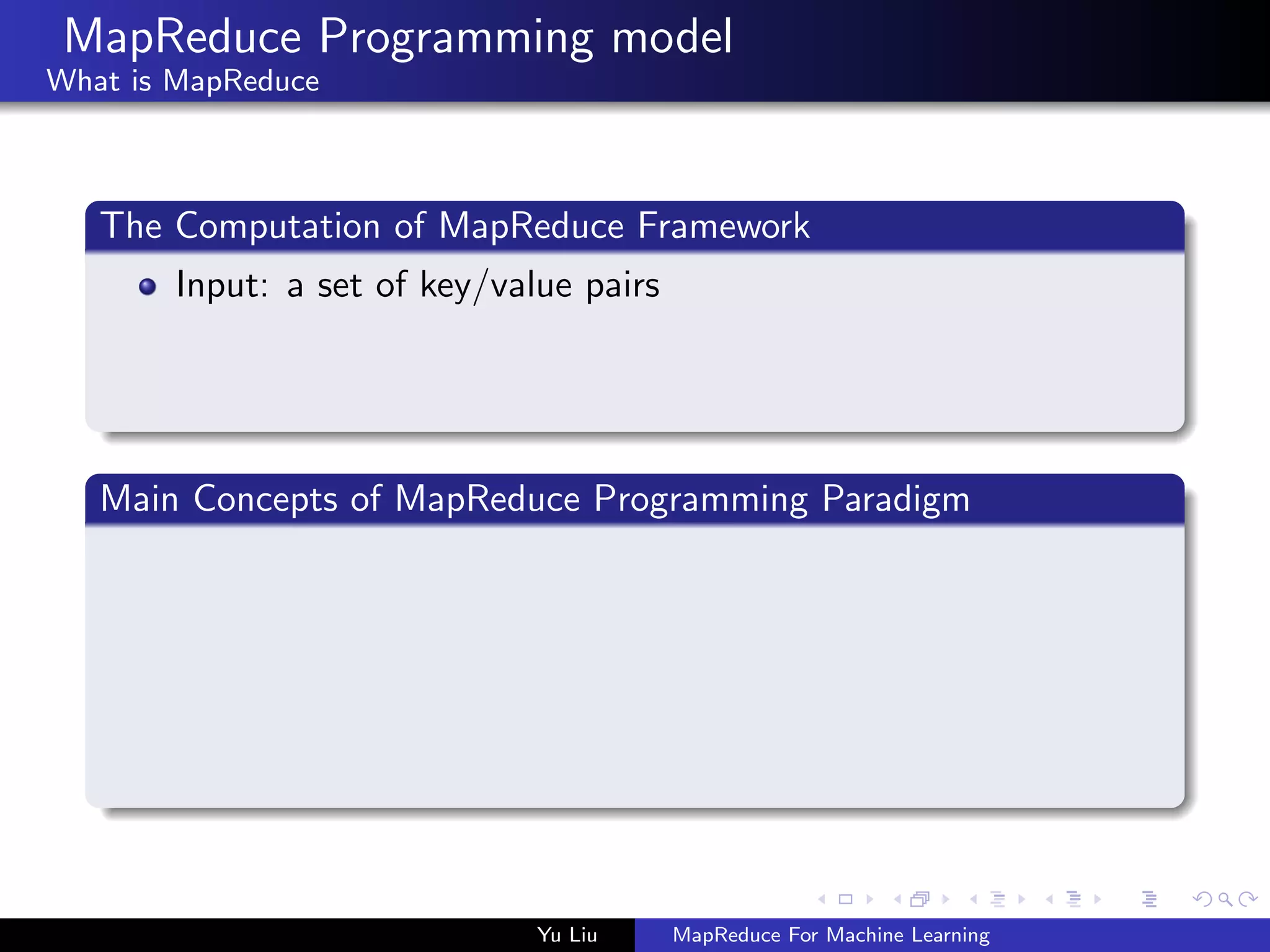 MapReduce Programming model
What is MapReduce
The Computation of MapReduce Framework
Input: a set of key/value pairs
Main Concepts of MapReduce Programming Paradigm
Yu Liu MapReduce For Machine Learning
 