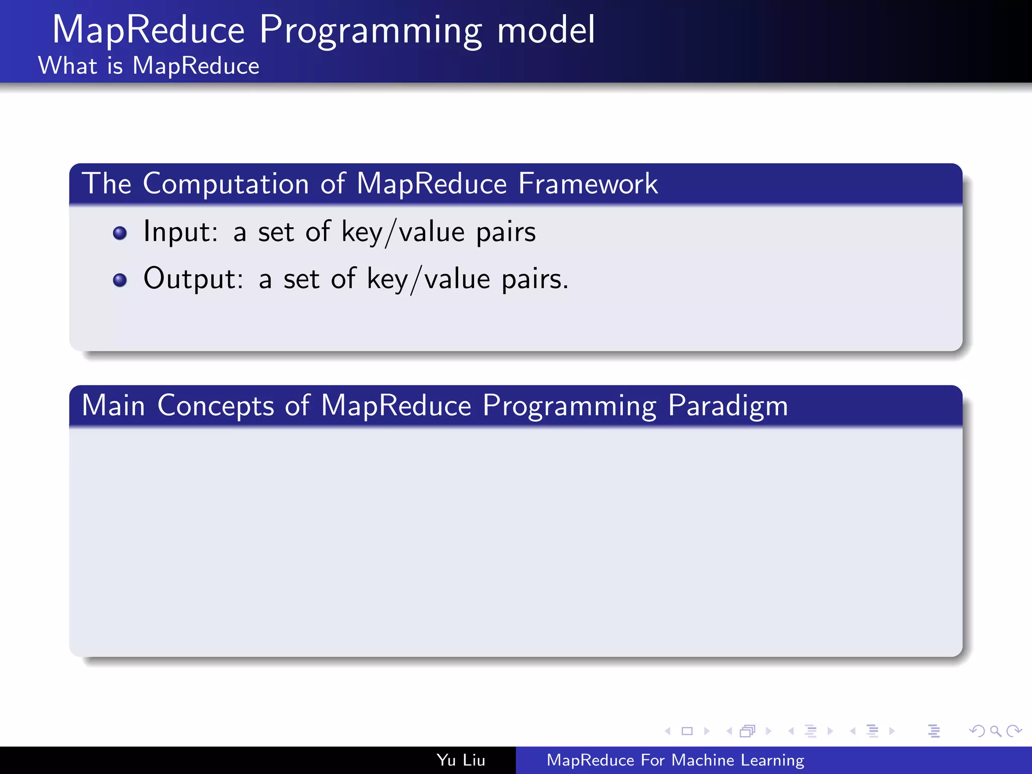 MapReduce Programming model
What is MapReduce
The Computation of MapReduce Framework
Input: a set of key/value pairs
Output: a set of key/value pairs.
Main Concepts of MapReduce Programming Paradigm
Yu Liu MapReduce For Machine Learning
 