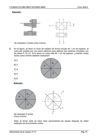 UNMSM-CENTRO PREUNIVERSITARIO Ciclo 2010-I
Solución:
Se necesitan 3 cortes como mínimo
2. En la figura, se tiene un trozo de madera de forma circular de 1 cm de espesor, el
cual será cortado por una sierra eléctrica para obtener tres sectores circulares con
las letras P, R y E. Si la sierra no corta más de 1 cm de espesor, ¿cuántos cortes
rectos como mínimo deberán realizarse?
A) 2
B) 3
C) 4
D) 5
E) 6
Solución:
Se necesitan 3 cortes
Como mínimo
Nota: el tercer corte se hace recto acomodando las piezas después de haber
realizado los dos primeros cortes.
Solucionario de la semana Nº 13 Pág. 25
P
R
E
R
P E
S M
R
P E
S M
1º 2º
3º
P
R
E
P
R
E
1º
2º
3º
 