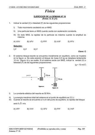 UNMSM - CENTRO PREUNIVERSITARIO Ciclo 2010 – I
SOLUCIONARIO GENERAL (Prohibida su reproducción y venta) Pág. 105
Semana Nº 16
Física
EJERCI SEMANA Nº 16CIOS DE LA
(Áreas: A, D y E)
a verdad (V) o falsedad (F) de las siguientes proposiciones:
Todo movimiento oscilatorio es un MAS.
rtícula tiene un MAS cuando oscila con aceleración constante.
todo MAS, la rapidez de la partícula es máxima cuando la amplitud es
V FFF D) VVF E) FFV
Solución:
1. Indicar l
I)
II) Una pa
III) En
máxima.
A) VV B) VFV C)
Clave: C
. El sistema bloque-resorte se encuentra inicialmente en equilibrio, como se muestra
e las siguientes proposiciones:
(g = 10 m/s2
)
I) F II) F III) F
2
en la figura -a. De esta posición el bloque de masa 0,5 kg se desplaza lentamente
10 cm (figura -b) y se suelta. Si el sistema oscila con MAS, indicar la verdad (V) o
falsedad (F) d
II) La energía mecánica total del sistema en el punto de equilibrio es 2,5 J.
d el sorte se encuentra a 5 cm del punto de equilibrio, la rapidez del bloque
será 5
I) La constante elástica del resorte es 50 N/m.
III) Cuan o re
5 m/s.
A) VFF B) VVV C) VFV D) FFF E) VVF
posici
ó
n
 