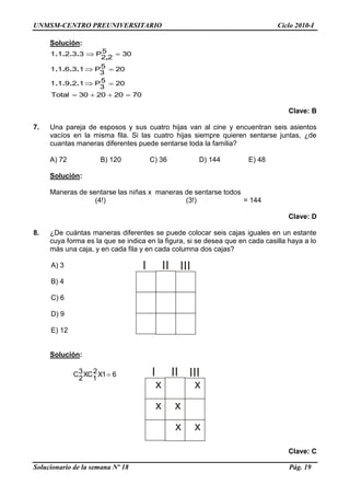 UNMSM-CENTRO PREUNIVERSITARIO Ciclo 2010-I
Solucionario de la semana Nº 18 Pág. 19
I II III
I II III
x
x x
x
x
x
Solución:
70202030Total
205
3
P12911
205
3
P13611
305
22
P33211
....
....
,
....
Clave: B
7. Una pareja de esposos y sus cuatro hijas van al cine y encuentran seis asientos
vacíos en la misma fila. Si las cuatro hijas siempre quieren sentarse juntas, ¿de
cuantas maneras diferentes puede sentarse toda la familia?
A) 72 B) 120 C) 36 D) 144 E) 48
Solución:
Maneras de sentarse las niñas x maneras de sentarse todos
(4!) (3!) = 144
Clave: D
8. ¿De cuántas maneras diferentes se puede colocar seis cajas iguales en un estante
cuya forma es la que se indica en la figura, si se desea que en cada casilla haya a lo
más una caja, y en cada fila y en cada columna dos cajas?
A) 3
B) 4
C) 6
D) 9
E) 12
Solución:
61X2
1
XC3
2
C
Clave: C
 