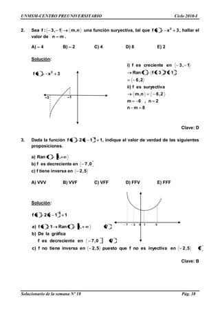 UNMSM-CENTRO PREUNIVERSITARIO Ciclo 2010-I
Solucionario de la semana Nº 18 Pág. 38
2. Sea n,m1,3:f una función suryectiva, tal que 3xxf 2
, hallar el
valor de n – m .
A) – 4 B) – 2 C) 4 D) 8 E) 2
Solución:
Clave: D
3. Dada la función 11x2xf 2
, indique el valor de verdad de las siguientes
proposiciones.
a) ,1fRan
b) f es decreciente en 0,7
c) f tiene inversa en 5,2
A) VVV B) VVF C) VFF D) FFV E) FFF
Solución:
11x2xf
2
F5,2eninyectivaesnofquepuesto5,2eninversatienenof)c
V0,7enedecrecientesf
gráficalaDe)b
V,1fRan1xf)a
Clave: B
3xxf 2
8mn
2n,6m
2,6n,m
suryectivaesf)ii
2,6
1f,3ffRan
1,3encrecienteesf)i
–1
51027
–3
 