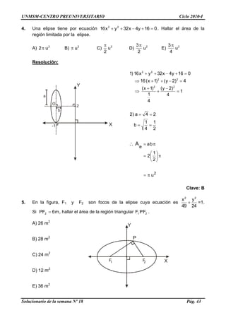 UNMSM-CENTRO PREUNIVERSITARIO Ciclo 2010-I
Solucionario de la semana Nº 18 Pág. 43
Y
X2F1F
P
4. Una elipse tiene por ecuación 016y4x32yx16 22
. Hallar el área de la
región limitada por la elipse.
A) 2
u2 B) 2
u C) 2
u
2
D) 2
u
2
3
E) 2
u
4
3
Resolución:
2
u
2
1
2
2
1
4
1
b
24a)2
1
4
)2y(
4
1
)1x(
4)2y()1x(16
016y4x32yx16)1
22
22
22
ba
e
A
Clave: B
5. En la figura, F1 y F2 son focos de la elipse cuya ecuación es
24
y
49
x 22
=1.
Si m6PF2 , hallar el área de la región triangular 21 FPF .
A) 26 m2
B) 28 m2
C) 24 m2
D) 12 m2
E) 36 m2
Y
X
a
b
O
-1
2
 