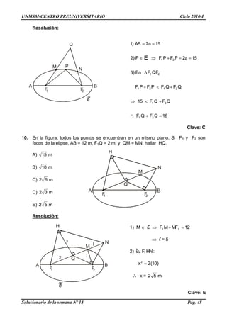 UNMSM-CENTRO PREUNIVERSITARIO Ciclo 2010-I
Solucionario de la semana Nº 18 Pág. 48
1F
A B
Q
2F
H
N
M
1F
A B
Q
2F
M
N
P
1F
A B
Q
2F
H
N
M
x
2
l
l
l
Resolución:
16QFQF
QFQF15
QFQFPFPF
QFFEn)3
15a2PFPFP)2
15a2AB)1
21
21
2121
21
21E
Clave: C
10. En la figura, todos los puntos se encuentran en un mismo plano. Si F1 y F2 son
focos de la elipse, AB = 12 m, F1Q = 2 m y QM = MN, hallar HQ.
A) m15
B) m10
C) m62
D) m32
E) m52
Resolución:
1) M E 12MFMF 21
l = 5
2) HNF1 :
)10(2x2
x = m52
Clave: E
 