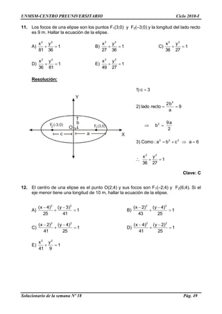 UNMSM-CENTRO PREUNIVERSITARIO Ciclo 2010-I
Solucionario de la semana Nº 18 Pág. 49
Y
X
O
c a
bF (-3,0) F (3,0)12
11. Los focos de una elipse son los puntos F1(3;0) y F2(–3;0) y la longitud del lado recto
es 9 m. Hallar la ecuación de la elipse.
A) 1
36
y
81
x 22
B) 1
36
y
27
x 22
C) 1
27
y
36
x 22
D) 1
81
y
36
x 22
E) 1
27
y
49
x 22
Resolución:
1
27
y
36
x
6acba:Como)3
2
a9
b
9
a
b2
rectolado)2
3c)1
22
222
2
2
Clave: C
12. El centro de una elipse es el punto O(2;4) y sus focos son F1(–2;4) y F2(6;4). Si el
eje menor tiene una longitud de 10 m, hallar la ecuación de la elipse.
A) 1
41
)3y(
25
)4x( 22
B) 1
25
)4y(
43
)2x( 22
C) 1
25
)4y(
41
)2x( 22
D) 1
25
)2y(
41
)4x( 22
E) 1
9
y
41
x 22
 