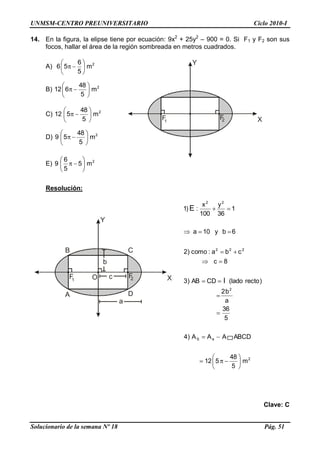 UNMSM-CENTRO PREUNIVERSITARIO Ciclo 2010-I
Solucionario de la semana Nº 18 Pág. 51
Y
XF1 2F
Y
XF1 2F
B
A
C
D
O
b
c
a
14. En la figura, la elipse tiene por ecuación: 9x2
+ 25y2
– 900 = 0. Si F1 y F2 son sus
focos, hallar el área de la región sombreada en metros cuadrados.
A) 2
m
5
6
56
B) 2
m
5
48
612
C) 2
m
5
48
512
D) 2
m
5
48
59
E) 2
m5
5
6
9
Resolución:
2
eS
2
222
22
m
5
48
512
ABCDAAA)4
5
36
a
b2
)rectolado(CDAB)3
8c
cba:como)2
6by10a
1
36
y
100
x
:)1
l
E
Clave: C
 