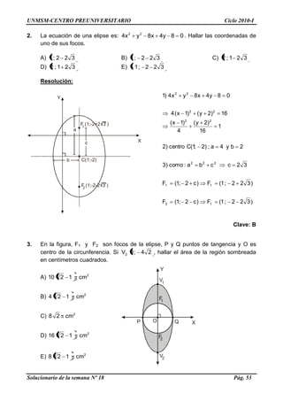 UNMSM-CENTRO PREUNIVERSITARIO Ciclo 2010-I
Solucionario de la semana Nº 18 Pág. 53
Y
XP QO
1F
2F
2V
V1
F (1;-2+2 3 )1
F (1;-2-2 3 )2
C(1;-2)
a
b
X
Y
c
2. La ecuación de una elipse es: 08y4x8yx4 22
. Hallar las coordenadas de
uno de sus focos.
A) 322;1 B) 322;1 C) 321;2
D) 321;2 E) 322;1
Resolución:
)322;1(F)c2;1(F
)322;1(F)c2;1(F
32ccba:como)3
2by4a;)2;1(Ccentro)2
1
16
)2y(
4
)1x(
16)2y()1x(4
08y4x8yx4)1
12
11
222
22
22
22
Clave: B
3. En la figura, F1 y F2 son focos de la elipse, P y Q puntos de tangencia y O es
centro de la circunferencia. Si 24;0V2 , hallar el área de la región sombreada
en centímetros cuadrados.
A) 2
cm1210
B) 2
cm124
C) 2
cm28
D) 2
cm1216
E) 2
cm128
 