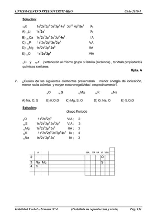 UNMSM-CENTRO PREUNIVERSITARIO Ciclo 2010-I
Solución:
2 2 6 2 6 2 10 6
5s1
IA19X 1s 2s 2p 3s 3p 4s 3d 4p
A) 1s2
2s1
IALi3
B) 1s2
2s2
2p6
3s2
3p6
4s2
IIACa20
C) 1s2
2s2
2p6
3s2
3p3
VAP15
D) 1s2
2s2
2p6
3s2
IIAMg12
E) 1s2
2s2
2p4
VIAO8
Li3 y 19X pertenecen al mismo grupo o familia (alcalinos) , tendrán propiedades
químicas similares
Rpta. A
7. ¿Cuáles de los siguientes elementos presentaran menor energía de ionización,
menor radio atómico y mayor electronegatividad respectivamente?
O8 S16 Mg12 K19 Na11
A) Na, O, S B) K,O,O C) Mg, S, O D) O, Na, O E) S,O,O
Solución:
Grupo Período
O8 1s2
2s2
2p4
VIA ; 2
S16 1s2
2s2
2p6
3s2
3p4
VIA ; 3
Mg12 1s2
2s2
2p6
3s2
IIA ; 3
K19 1s2
2s2
2p6
3s2
3p6
4s1
IA ; 4
Na11 1s2
2s2
2p6
3s1
IA ; 3
IIIA IVA VA VI VIIA
2 O
3 Na Mg S
4 K
IA
Habilidad Verbal – Semana Nº 4 (Prohibida su reproducción y venta) Pág. 131
 