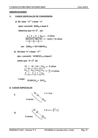 UNMSM-CENTRO PREUNIVERSITARIO Ciclo 2010-I
OBSERVACIONES
1) CASOS ESPECIALES DE CONVERSIÓN
a) De base “n ” a base “n”
k
ejem: convertir 2345(8) a base 2
Sabemos que: 8 = 23
, así:
2 3 4 5 4 cifras(8)
001 011 100 101 4 (3) = 12 cifrasx
así: 2345(8) = 1011100101(2)
b) De base “n” a base “n ”
k
ejm.: convertir: 12100121(3) a base 9
sabes que: 9 = 32
así
12 10 01 21 8 cifras
5 3 1 7
(3)
(3) (3) (3) (3) = 4 cifras
12100121 = 5317(3) (9)
Luego:
(9)
2) CASOS ESPECIALES
1a = n + k ax
1a
1a
...k-veces
(n)
i)
Habilidad Verbal – Semana Nº 4 (Prohibida su reproducción y venta) Pág. 35
a1 = a n
a1
a1
x
...k-veces
(n)
k +
a - 1
a - 1
k-1
ii)
 