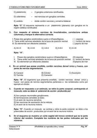 UNMSM-CENTRO PREUNIVERSITARIO Ciclo 2010-I
Semana N° 9 (Prohibida su reproducción y venta) Pág. 89
Solucionario
celentéreo – red nerviosa sin ganglios centrales.
– doble cordón nervioso y simetría bilateral.
l esquema representa a un platelminto (planaria) con ganglios en la
3. , correlacione ambas
marque la alternativa correcta.
I. Posee dos ganglios cerebroideos supra e infraesofágicos. ( ) esponja
II. a
III. Es elemental con efectores aislados ( ) pepino de mar
Rpta: “A”.
la boca d posición ventral. a
III. Es elemental con efectores aislados (II)pepino de mar
. Es un animal que posee encéfalo, cordón nervioso dorsal único y hueco, con
segmentarios.
T
Rpta: “B”. El organismo que presenta encéfalo, cordón nervioso dorsal único y
. res uesta a un estímulo, se retira la parte corp ndo el
producido por
na sensitiva.
D) las neuronas de asociación de la médula.
Rpta: “E”. Cuando un músculo se contrae y retira la parte corporal, se debe a los
xón de la neurona motora.
. corte sagital del tronco cerebral que es la parte
es de las partes indicadas por los
C) platelminto – 2 ganglios anteriores ramificados.
D)
E) anélido
Rpta “C” E
región cefálica ramificados
Con respecto al sistema nervioso de invertebrados
columnas y
Tiene anillo nervioso alrededor de la boca de posición ventral. ( ) lombriz de tierr
A) III-I-II B) I-II-III C) I-III-II D) II-III-I E) II-I-III
I. Posee dos ganglios cerebroideos supra e infraesofágicos. (III) esponja
II. Tiene anillo nervioso alrededor de e (I) lombriz de tierr
4
pares de nervios
A) Caracol B) Cóndor C) Escorpión
D) ermita E) Camarón
hueco con pares de nervios segmentarios pertenece a los vertebrados como por
ejemplo el cóndor.
5 Cuando en p oral, contraye
músculo; esto se debe al potencial de acción
A) los cuerpos neuronales ganglionares.
B) terminaciones sensibles al dolor.
C) el axón de neuro
E) el axón de la neurona motora.
potenciales de acción producidos por el a
6 En el esquema se muestra un
inferior del cerebro. Complete los nombr
números.
 