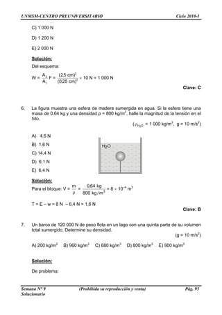 UNMSM-CENTRO PREUNIVERSITARIO Ciclo 2010-I
Semana N° 9 (Prohibida su reproducción y venta) Pág. 95
Solucionario
C) 1 000 N
D) 1 200 N
E) 2 000 N
Solución:
:Del esquema
2
2
)cm25,0(
)cm5,2(
W =
1
2
A
F =
A
× 10 N = 1 000 N
Clave: C
. estra una esfera de madera sumergida en agua. Si la esfera tiene una
4 kg y una densidad ρ = 800 kg/m3
, halle la magnitud de la tensión en el
6 La figura mu
masa de 0.6
hilo.
( OH2
ρ = 1 000 kg/m3
, g = 10 m/s2
)
A) 4,6 N
B) 1,6 N
C) 14,4 N
Solución:
D) 6,1 N
E) 6,4 N
ue: V =Para el bloq
ρ
m
= 3
m/kg800
kg64,0
= 8 × 10–4
m3
8 N – 6,4 N = 1,6 N
Clave: B
. de 12 000 N de peso flota en un lago con una quinta parte de su volumen
ido. Determine su densidad.
(g = 10 m/s2
)
A) 200 kg/m B) 960 kg/m3
C) 680 kg/m D) 800 kg/m3
E) 900 kg/m3
Solución:
T = E – w =
Un barco 07
total sumerg
3 3
De problema:
 