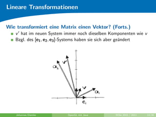 Lineare Transformationen


Wie transformiert eine Matrix einen Vektor? (Forts.)
   v hat im neuen System immer noch dieselben Komponenten wie v
   Bzgl. des [e1 , e2 , e3 ]-Systems haben sie sich aber ge¨ndert
                                                           a




    Johannes Diemke        OpenGL mit Java        WiSe 2010 / 2011   14/26
 