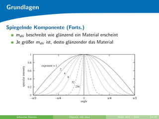 Grundlagen


Spiegelnde Komponente (Forts.)
   mshi beschreibt wie gl¨nzend ein Material erscheint
                         a
   Je gr¨ßer mshi ist, desto gl¨nzender das Material
        o                      a




   Johannes Diemke           OpenGL mit Java           WiSe 2010 / 2011   14/26
 