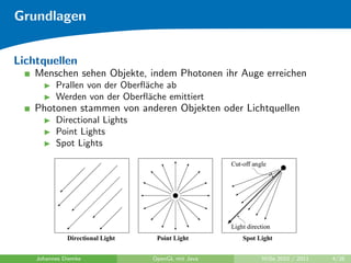 Grundlagen


Lichtquellen
   Menschen sehen Objekte, indem Photonen ihr Auge erreichen
          Prallen von der Oberﬂ¨che ab
                               a
          Werden von der Oberﬂ¨che emittiert
                                a
   Photonen stammen von anderen Objekten oder Lichtquellen
          Directional Lights
          Point Lights
          Spot Lights




    Johannes Diemke             OpenGL mit Java   WiSe 2010 / 2011   4/26
 