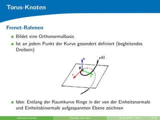 Torus-Knoten


Frenet-Rahmen
   Bildet eine Orthonormalbasis
   Ist an jedem Punkt der Kurve gesondert deﬁniert (begleitendes
   Dreibein)




   Idee: Entlang der Raumkurve Ringe in der von der Einheitsnormale
   und Einheitsbinormale aufgespannten Ebene zeichnen
   Johannes Diemke          OpenGL mit Java         WiSe 2010 / 2011   5/18
 
