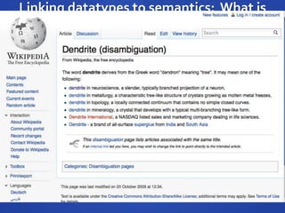 Linking datatypes to semantics: What is
the average diameter of a Purkinje
neuron dendrite?
 Branch structure not a
tree, not a set of blood
vessels, not a road map but a
DENDRITE
 Because anyone who uses
Neurolucida uses the same
concepts: axon, dendrite, cell
body, dendritic
spine, information systems
can combine the data
together in meaningful ways
 Neurolucida
doesn’t, however, tell you that
dendrite belongs to a neuron
of a particular type or whether
this dendrite is a neural
dendrite at all
( (Color Yellow) ; [10,1]
(Dendrite)
( 5.04 -44.40 -89.00 1.32) ; Root
( 3.39 -44.40 -89.00 1.32) ; R, 1
(
( 2.81 -45.10 -90.00 0.91) ; R-1, 1
( 2.81 -45.18 -90.00 0.91) ; R-1, 2
( 1.90 -46.01 -90.00 0.91) ; R-1, 3
( 1.82 -46.09 -90.00 0.91) ; R-1, 4
( 0.91 -46.59 -90.00 0.91) ; R-1, 5
( 0.41 -46.83 -92.50 0.91) ; R-1, 6
(
( -0.66 -46.92 -88.50 0.74) ; R-1-1, 1
( -0.74 -46.92 -88.50 0.74) ; R-1-1, 2
( -2.15 -47.25 -88.00 0.74) ; R-1-1, 3
( -2.15 -47.33 -88.00 0.74) ; R-1-1, 4
( -3.06 -47.00 -87.00 0.74) ; R-1-1, 5
( -4.05 -46.92 -86.00 0.74) ; R-1-1, 6
Output of Neurolucida neuron trace
 