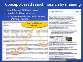 Concept-based search: search by meaning
 Search Google: GABAergic neuron
 Search NIF: GABAergic neuron
 NIF automatically searches for types of
GABAergic neurons
Types of GABAergic
neurons
 
