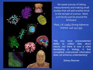 We speak piously of taking
measurements and making small
studies that will add another brick
to the temple of science. Most
such bricks just lie around the
brickyard.
Platt,J.R. (1964)Strong Inference.
Science. 146: 347-353.
"We now have unprecedented
ability to collect data about
nature…but there is now a crisis
developing in biology, in that
completely unstructured information
does not enhance understanding”
-Sidney Brenner
 