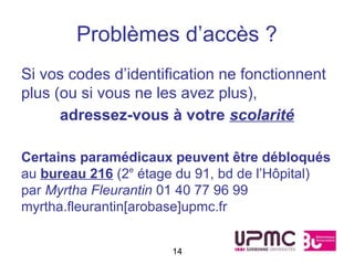 Problèmes d’accès ?
Si vos codes d’identification ne fonctionnent
plus (ou si vous ne les avez plus),
      adressez-vous à votre scolarité

Certains paramédicaux peuvent être débloqués
au bureau 216 (2e étage du 91, bd de l’Hôpital)
par Myrtha Fleurantin 01 40 77 96 99
myrtha.fleurantin[arobase]upmc.fr


                      14
 