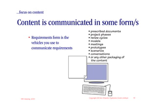 ...focus on content

Content is communicated in some form/s
                                         • prescribed documents
                                         • project phases
            • Requirements form is the   • review cycles
                                         • models
              vehicles you use to        • meetings
              communicate requirements   • prototypes
                                         • scenarios
                                         • conversations
                                         • or any other packaging of
                                           the content




   IIBA Meeting 2010
                                         Copyright © the Atlantic Systems Guild Limited   15
 