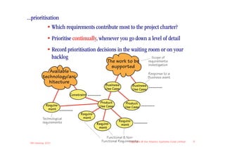 ...prioritisation
            • Which requirements contribute most to the project charter?
               • Prioritise continually, whenever you go down a level of detail
               • Record prioritisation decisions in the waiting room or on your
                 backlog                                          Scope of
                                                            The work to be                    requirements
                                                                                              investigation
                                                              supported
              Available                                                                       Response to a
           technology/arc                                                                     Business event
              hitecture
                                                          Business             Business
                                                          Use Case             Use Case
                                                                                              ............
                              Constraint ............

                                                   Product              Product
              Require-                             Use Case             Use Case
                                                                                     ............
               ment ............
                                      Require-
           Technological               ment
           requirements                                             Require-   ............
                                                 Require-            ment
                                                  ment

                                                           Functional & Non-
 IIBA Meeting 2010
                                                        Functional Requirements © the Atlantic Systems Guild Limited
                                                                          Copyright                                    8
 