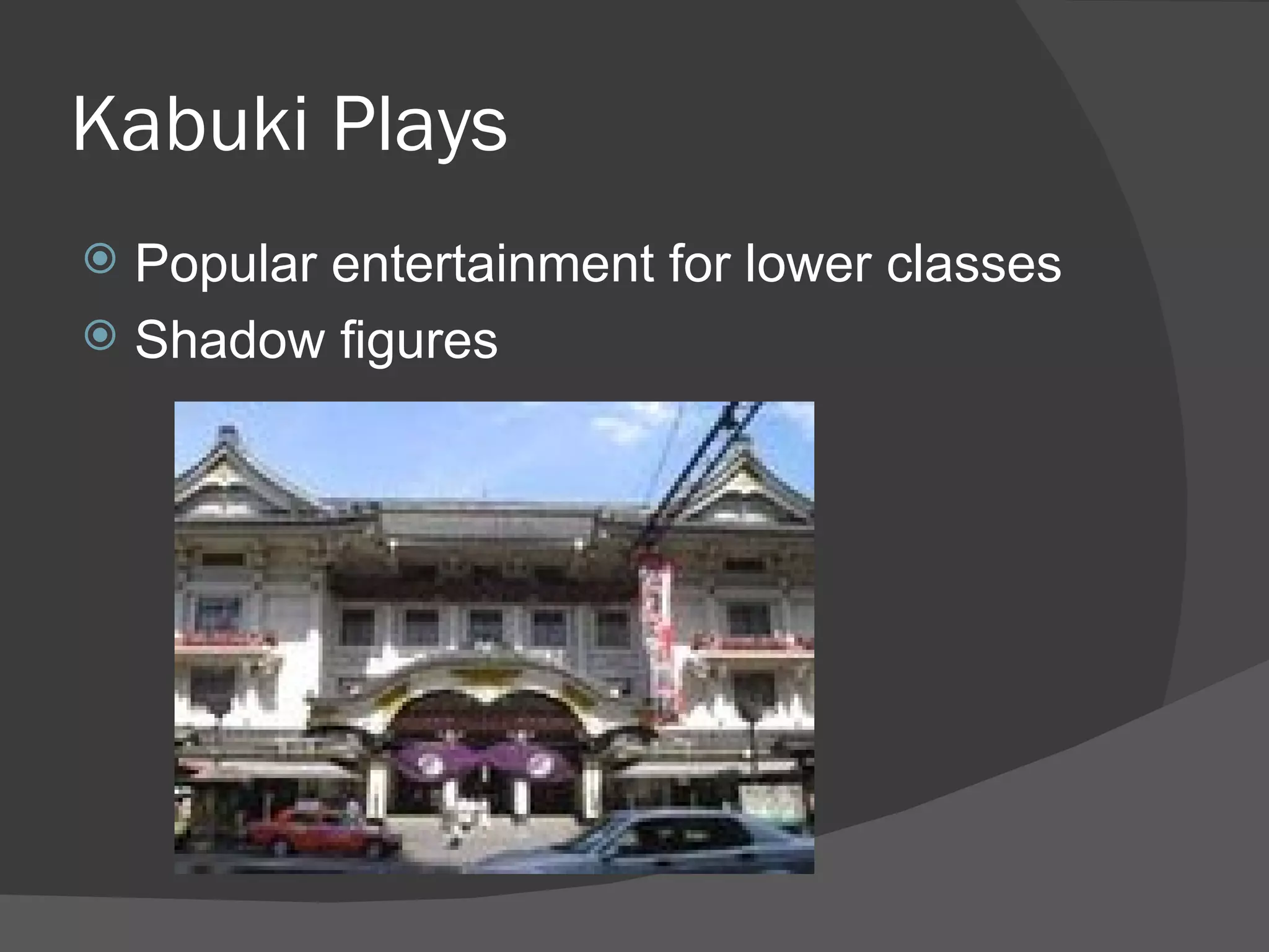 Kabuki Plays Popular entertainment for lower classes Shadow figures 