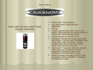 Metro 365™ by California  Tan Ultra Dark Triple Bronzer Optimizer  8.5 oz. Urban sophisticates will revel in the sheer, cosmopolitan bronzing power of Metro 365 dark tanning lotion.  Unisex design for all mankind!  Maximize results and boost dark color with Step 2 CuO2® and TRF2000® and jump-start color of deeper, darker results with advanced, fast-acting Dark Triple Bronze-extend®.  Metro-tect™ Complex delivers intense dark color via its dynamic Ozone Bronzing Therapy for gorgeous, brilliant bronze 365 days a year.  Break through bronzing barriers with proprietary Color Catalyst™ Complex  for advanced color. Metro 365 Tan Ultra Dark Triple Bronzer Optimizer Metro 365 by  