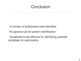 Conclusion



 A number of bottlenecks were identiﬁed
 No general rule for pattern identiﬁcation
 Visualizations are effective for identifying potential
candidate for optimization




                                                          32
 