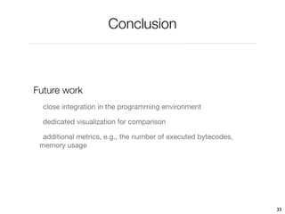Conclusion



Future work
  close integration in the programming environment

  dedicated visualization for comparison

  additional metrics, e.g., the number of executed bytecodes,
 memory usage




                                                                33
 