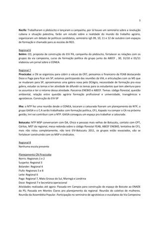 3


Recife: Trabalharam o plebiscito e lançaram a campanha, por lá houve um seminário sobre a revolução
cubana e situação palestina, farão um estudo sobre a realidade do mundo do trabalho agrário,
organizaram um debate de políticos candidatos, seminário rg5 09, 10, 11 e 12 de outubro com espaços
de formação e chamado para as escolas de RG5.

Regional 6
Belém: CO, proposta de construção do EIV PA, campanha do plebiscito, fortalecer as relações com os
grupos da via campesina, curso de formação política do grupo junto da ABEEF , 30, 31/10 e 01/11
elaborou um jornal sobre o CONEA.

Regional 7
Piracicaba: a CN se organizou para cobrir o vácuo da CR7, pensamos o financeiro da FEAB destacando
Doce e Paga para ficar em SP, estamos participando das reuniões da VIA, e articulações com os MS que
se mudaram para SP, aproximamos uma galera nova pelo DCAgro, necessidade de formação pra essa
galera, estudar os temas e ter atividade de difundir os temas para os estudantes que tem abertura para
os assuntos e ter o retorno dessa atividade. Parceiros ENEBIO e ABEEF. Temas: código florestal, questão
ambiental, relação entre questão agrária formação profissional e universidade, transgênicos e
agrotóxicos. Construção do EIV-SP

Ilha: o NTP fez uma reunião desde o CONEA, tocaram a calourada fizeram um planejamento do NTP, o
grupo GAISA e o C.A serão trabalhados com formação política, CF1, Kapado ira compor o CA na próxima
gestão, Inri vai contribuir com o NTP. GAISA conseguiu um espaço pra trabalhar a calourada.

Botucatu: NTP MSP conversaram com DA, Chico e pessoas mais velhas de Botucatu, contato com CPT,
Cáritas, MST da regional, mesa redonda sobre o código florestal FEAB, ABEEF ENEBIO, tentativa de CF1,
mais não rolou completamente, não terá EIV-Botucatu 2011, os grupos estão esvaziados, vão se
fortalecer construindo com os MSP e sindicatos.

Regional 8
Nenhuma escola presente

Planejamento CN Piracicaba
Norris: Regionais 1 e 2
Suspeito: Regional 3
Bolander: Regional 4
Flufo: Regionais 5 e 8
Leite: Regional 6
Paga: Regional 7, Mato Grosso do Sul, Maringá e Londrina
Doce: Regional 7 e Secretária operacional
Atividades realizadas até agora: Passada em Campos para construção do espaço de Boicote ao ENADE
da PS; Passada em Montes Claros pro planejamento da regional. Reunião do coletivo de mulheres.
Reunião da Assembléia Popular. Participação no seminário de agrotóxicos e eucaliptos da Via Campesina
 