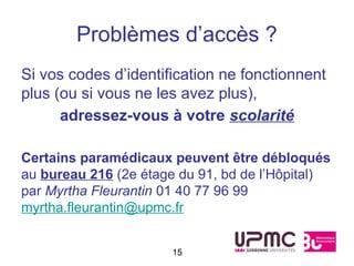Problèmes d’accès ?
Si vos codes d’identification ne fonctionnent
plus (ou si vous ne les avez plus),
      adressez-vous à votre scolarité

Certains paramédicaux peuvent être débloqués
au bureau 216 (2e étage du 91, bd de l’Hôpital)
par Myrtha Fleurantin 01 40 77 96 99
myrtha.fleurantin@upmc.fr


                      15
 