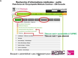 65
           Recherche d’informations médicales : outils
       Plate-forme de l’Encyclopédie Médicale Continue – EM-Consulte




                                            Titre en vert = accessible à l’UPMC
                                            Titre en noir = pas abonné




     Bouquet « paramédical » peu intéressant pour orthophonistes
                                    65
 