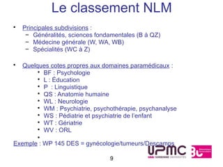 Le classement NLM
•   Principales subdivisions :
     – Généralités, sciences fondamentales (B à QZ)
     – Médecine générale (W, WA, WB)
     – Spécialités (WC à Z)

•  Quelques cotes propres aux domaines paramédicaux :
        • BF : Psychologie
        • L : Éducation
        • P : Linguistique
        • QS : Anatomie humaine
        • WL : Neurologie
        • WM : Psychiatrie, psychothérapie, psychanalyse
        • WS : Pédiatrie et psychiatrie de l’enfant
        • WT : Gériatrie
        • WV : ORL
        •
Exemple : WP 145 DES = gynécologie/tumeurs/Descamps

                                 9
 