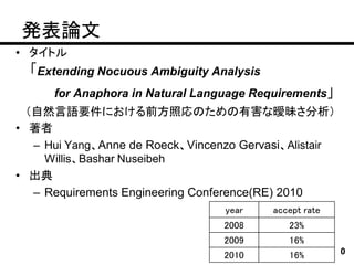 発表論文
• タイトル
  「Extending Nocuous Ambiguity Analysis
      for Anaphora in Natural Language Requirements」
  （自然言語要件における前方照応のための有害な曖昧さ分析）
• 著者
   – Hui Yang、Anne de Roeck、Vincenzo Gervasi、Alistair
     Willis、Bashar Nuseibeh
• 出典
   – Requirements Engineering Conference(RE) 2010
                                  year    accept rate
                                  2008       23%
                                  2009       16%
                                  2010       16%        0
 