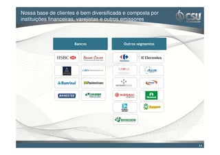 Nossa base de clientes é bem diversificada e composta por
Clique para editar o estilo do título mestre
instituições financeiras, varejistas e outros emissores



                      Bancos              Outros segmentos




                                                             11
 