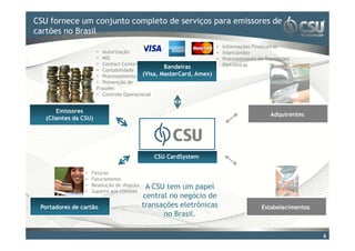 CSU fornece um conjunto o estilo de serviços para emissores de
Clique para editar completo do título mestre
cartões no Brasil
                                                                • Informações Financeiras
                       • Autorização                            • Intercâmbio
                       • MIS                                    • Processamento de Transações
                       • Contact Center                           Eletrônicas
                                               Bandeiras
                       • Contabilidade
                       • Processamento (Visa, MasterCard, Amex)
                       • Prevenção de
                       Fraudes
                       • Controle Operacional


       Emissores
                                                                                      Adquirentes
   (Clientes da CSU)




                                               CSU CardSystem

                 •   Faturas
                 •   Faturamento
                 •   Resolução de disputa    A CSU tem um papel
                 •   Suporte aos clientes
                                            central no negócio de
 Portadores de cartão                       transações eletrônicas                Estabelecimentos
                                                  no Brasil.

                                                                                                     8
 