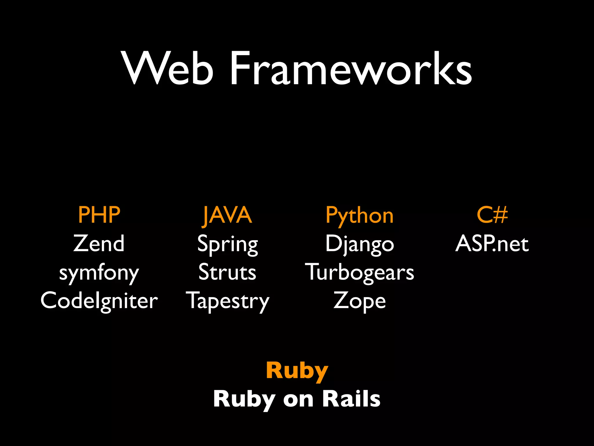 Web Frameworks

   PHP          JAVA       Python      C#
  Zend         Spring      Django     ASP.net
 symfony       Struts    Turbogears
CodeIgniter   Tapestry      Zope

                   Ruby
                Ruby on Rails
 